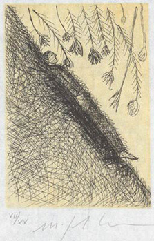 A page from Overture III by Arturo Schwarz and artwork by Mimmo Paladino. 5 etchings. Copy with an extra suite printed on Japon. 20 copies signed.