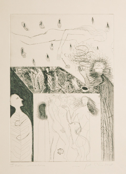 A page from Carnival Songs by Lorenzo de' Medici; Bilingual edition. First English translation by Anthony Oldcorn. and artwork by 2 Etchings by William Wiley, Mimmo Paladino & Joerg Schmeisser.