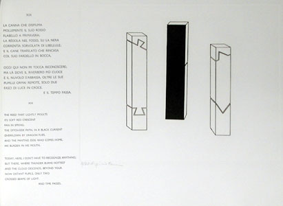 A page from Motets by Eugenio Montale. Bilingual Edition. Translation by Raphael Fodde and artwork by Virginio Ferrari. 8 etchings